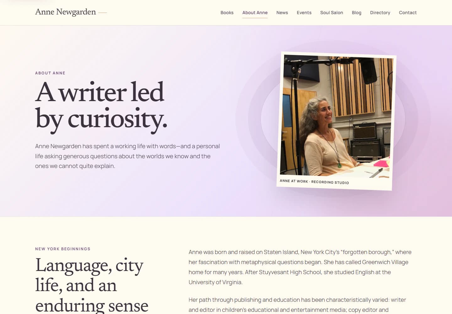Anne Newgarden About page headed A writer led by curiosity with author photograph and biographical sections