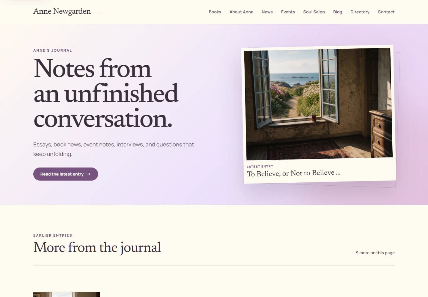 Anne Newgarden Blog page headed Notes from an unfinished conversation with featured article imagery