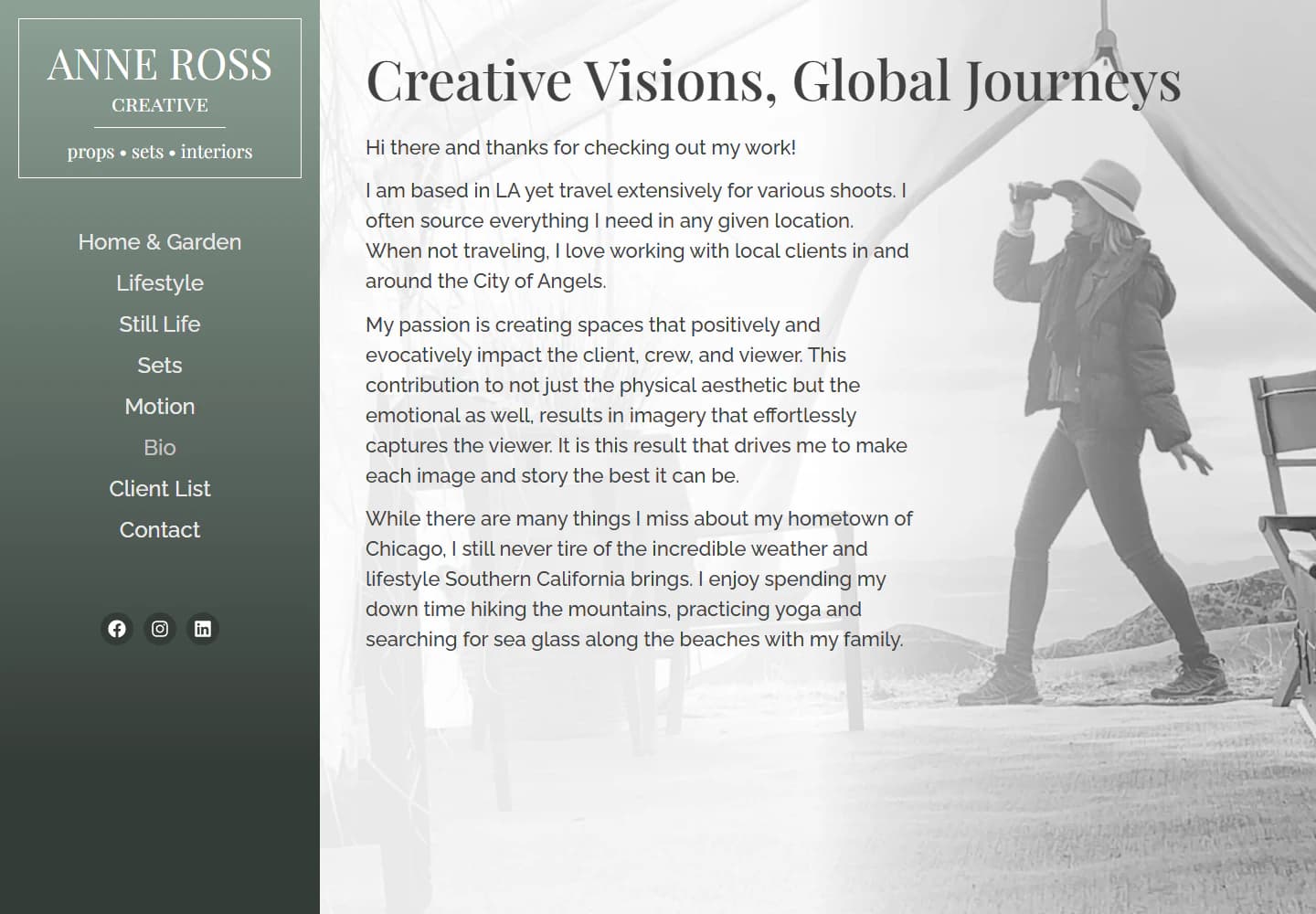 Anne Ross Creative biography page headed Creative Visions, Global Journeys with portrait and career text