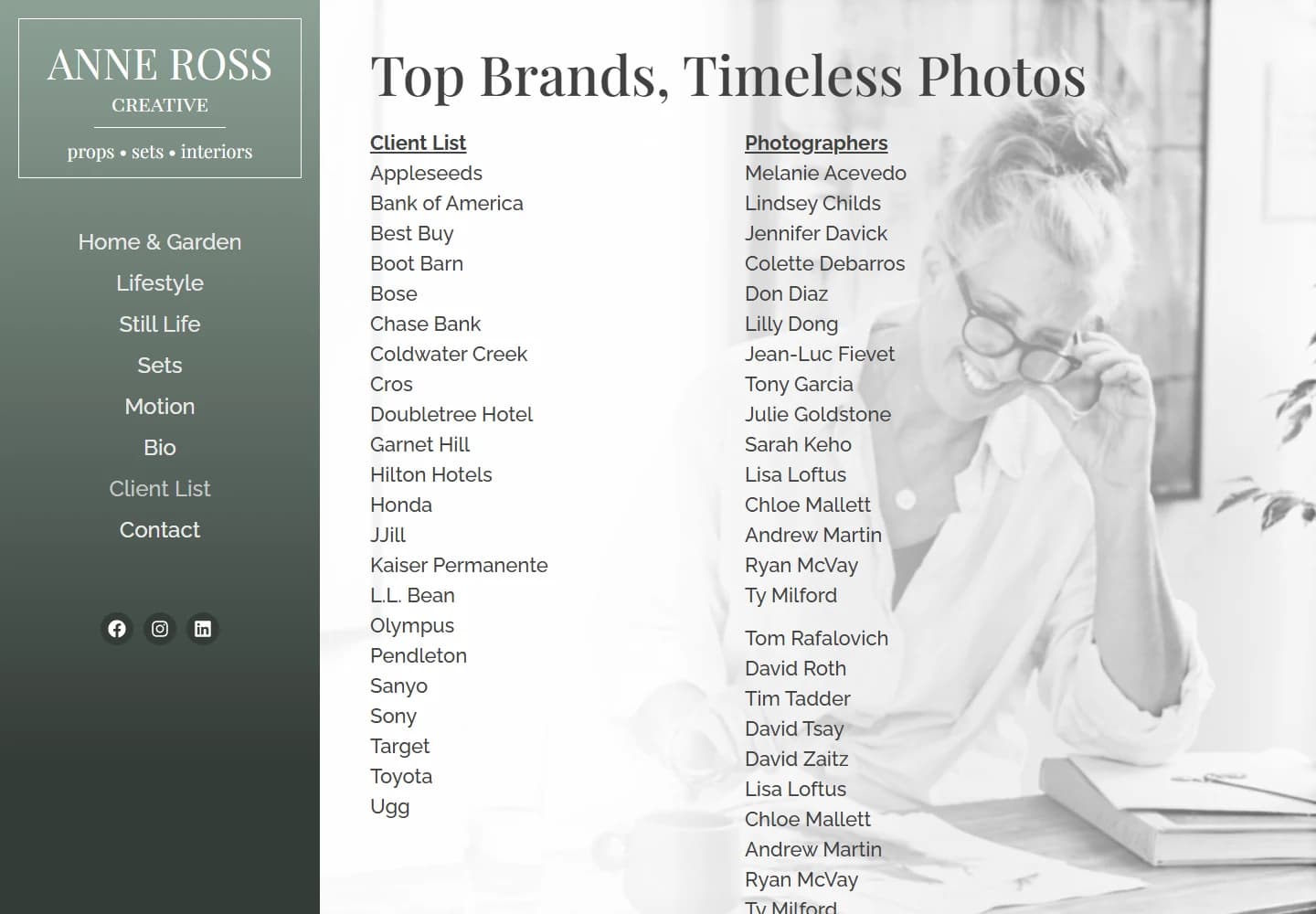 Anne Ross Creative Client List page with columns of client and photographer names beside a monochrome portrait