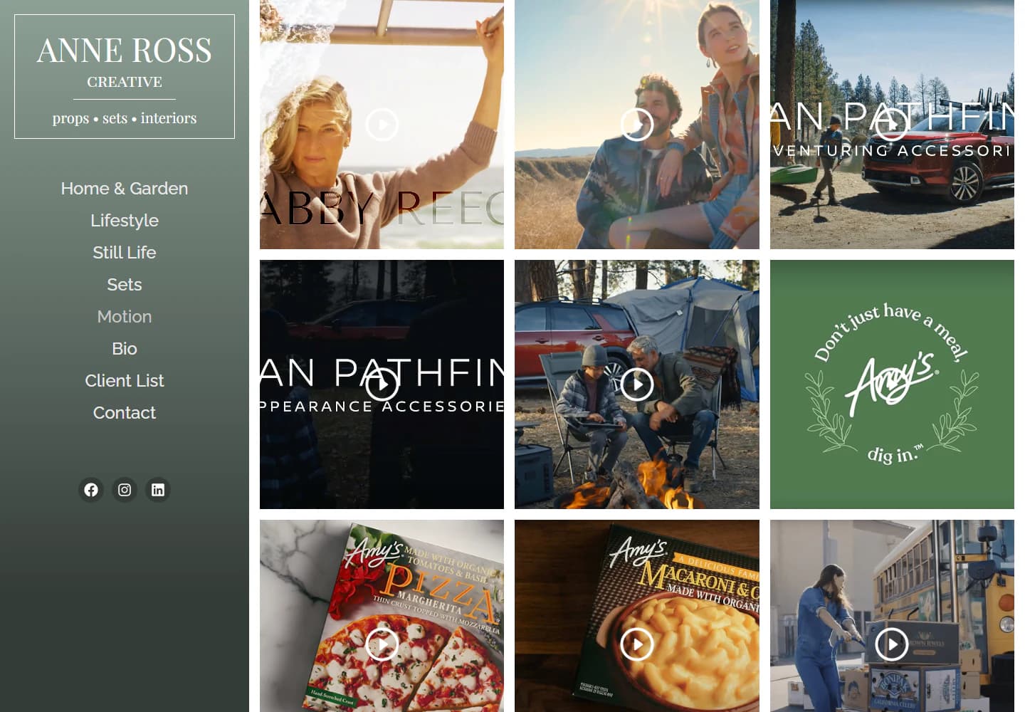 Anne Ross Creative Motion page with a three-column grid of video projects and campaign stills