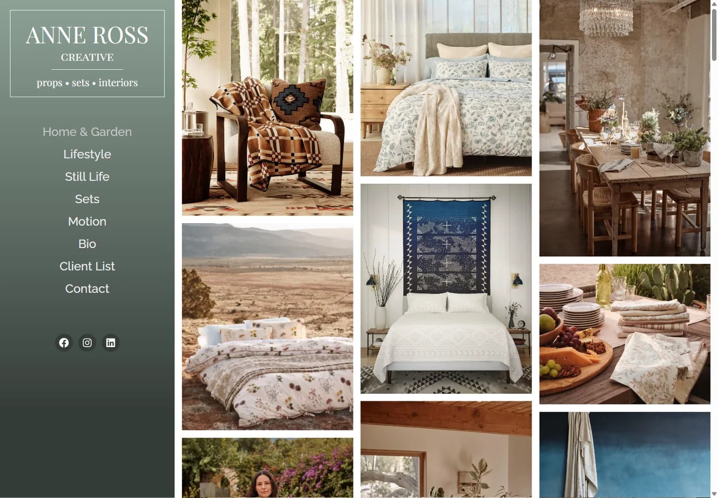 Anne Ross Creative homepage with fixed sage navigation beside a three-column gallery of styled interiors, bedding, and tabletop photography