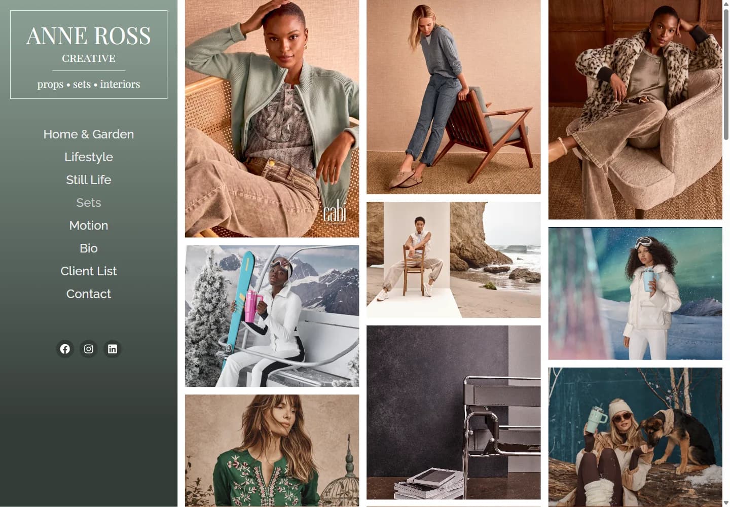 Anne Ross Creative Sets gallery with fashion campaigns, studio interiors, and winter landscape scenes