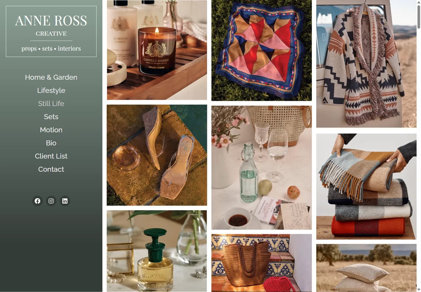 Anne Ross Creative Still Life gallery with styled products, apparel, glassware, textiles, and tabletop compositions