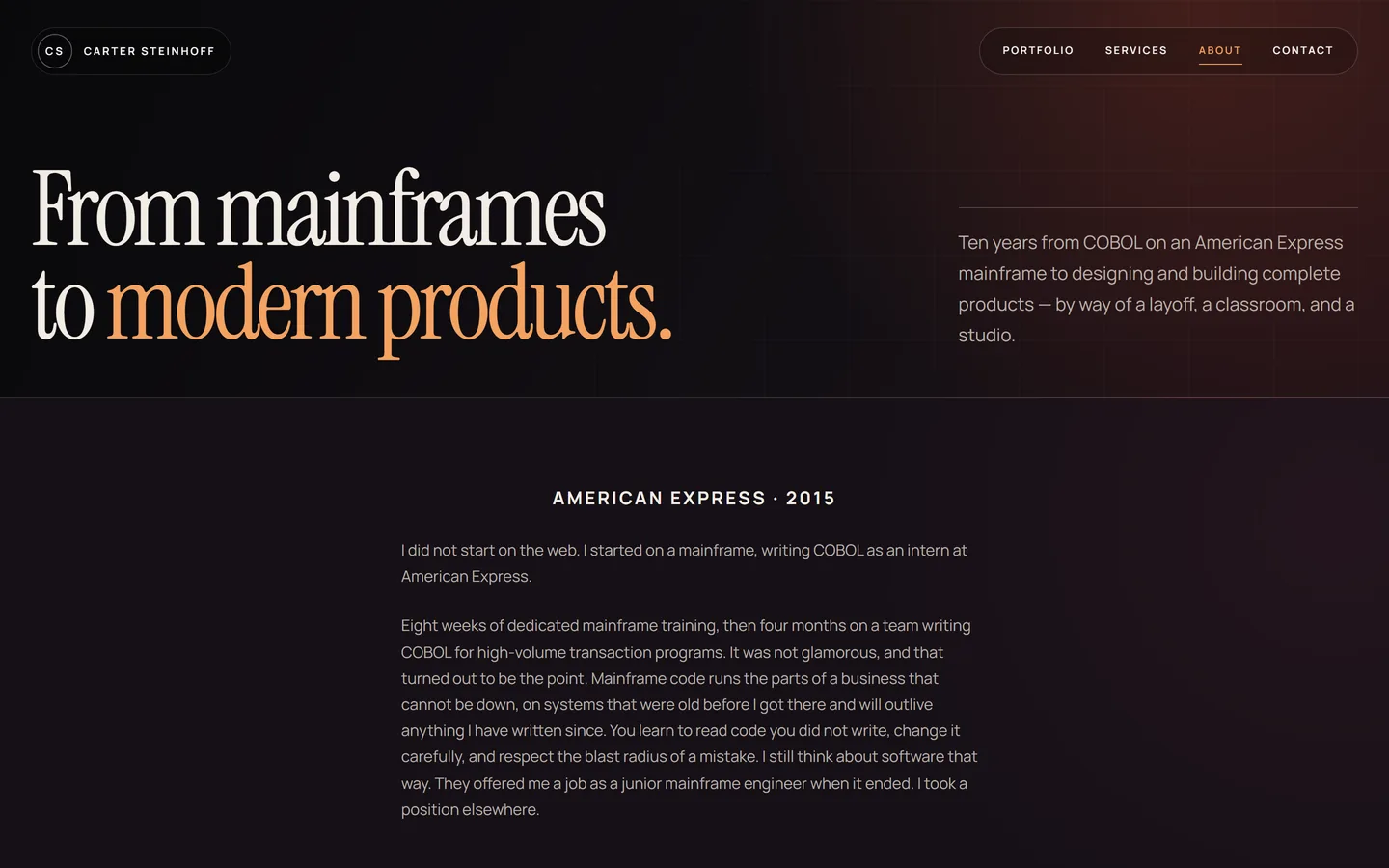 About page showing centered chapter labels with years and left-aligned prose beneath each