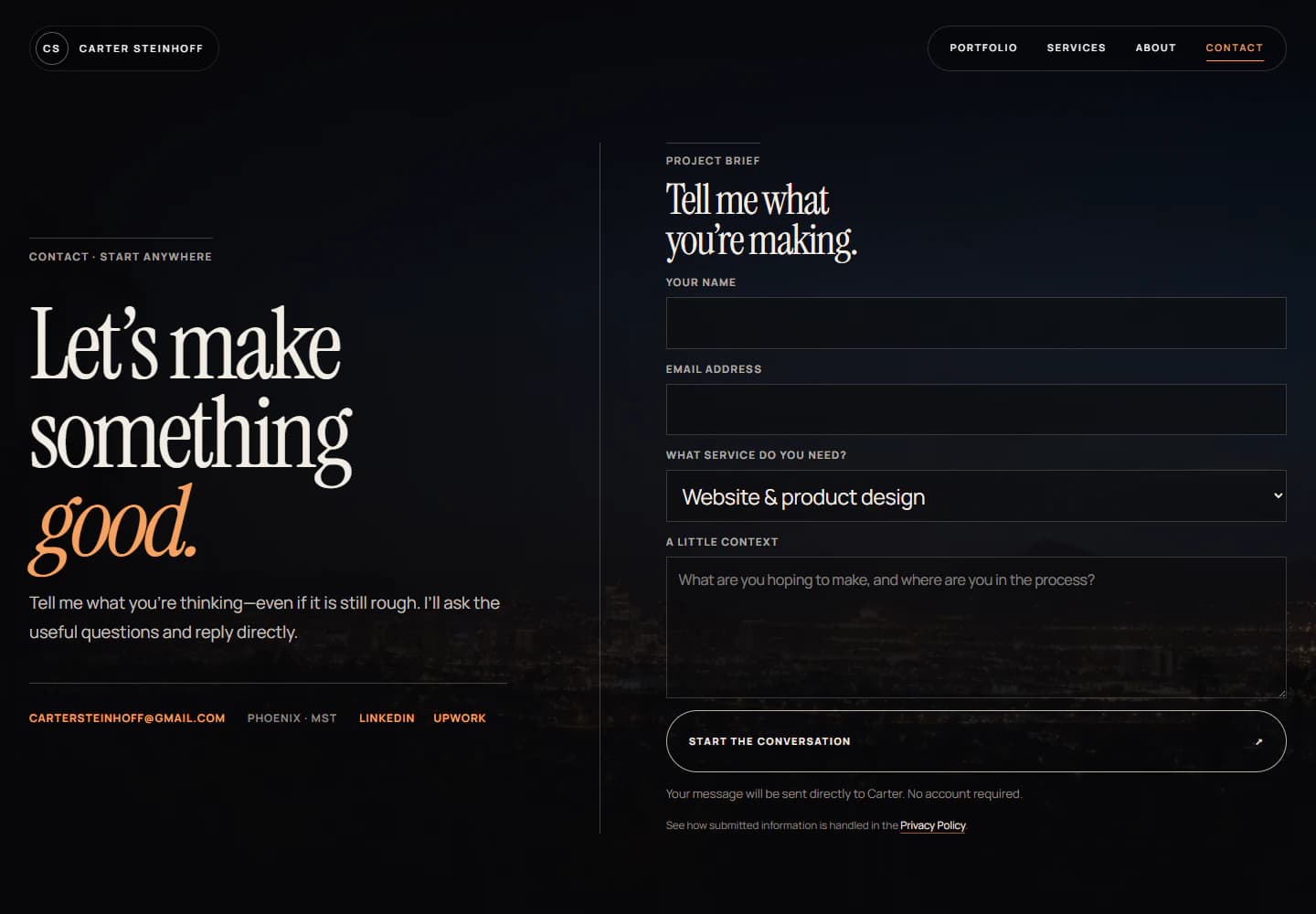 Carter Steinhoff contact page with project brief fields beside the heading Let’s make something good