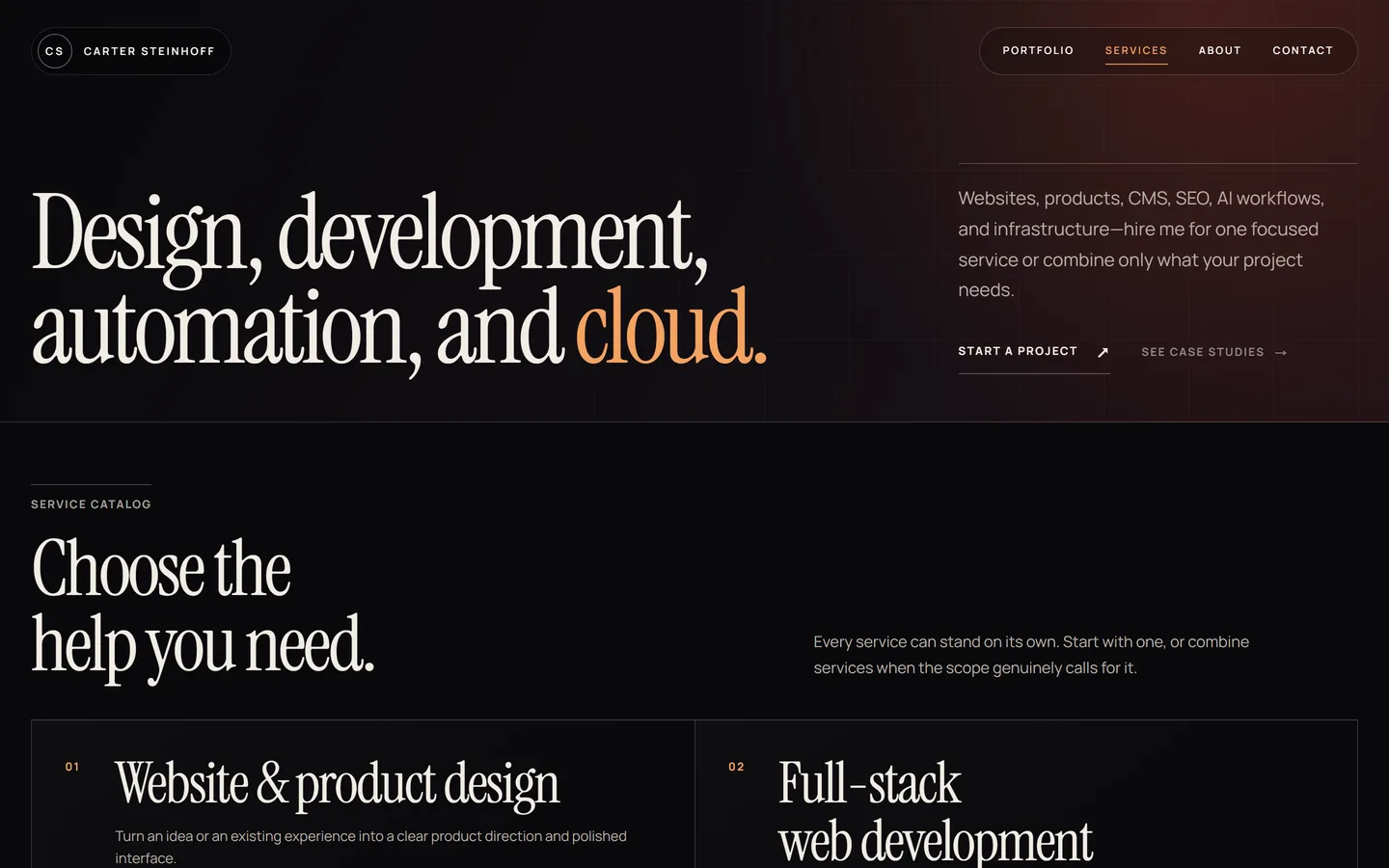 Services page with an oversized statement heading and a rule-topped summary column