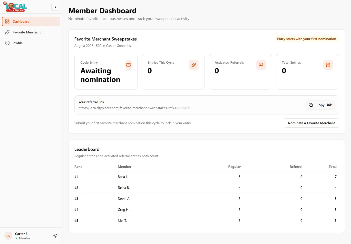 Local City Places member dashboard showing sweepstakes cycle entry status, a referral link, and a leaderboard of five members