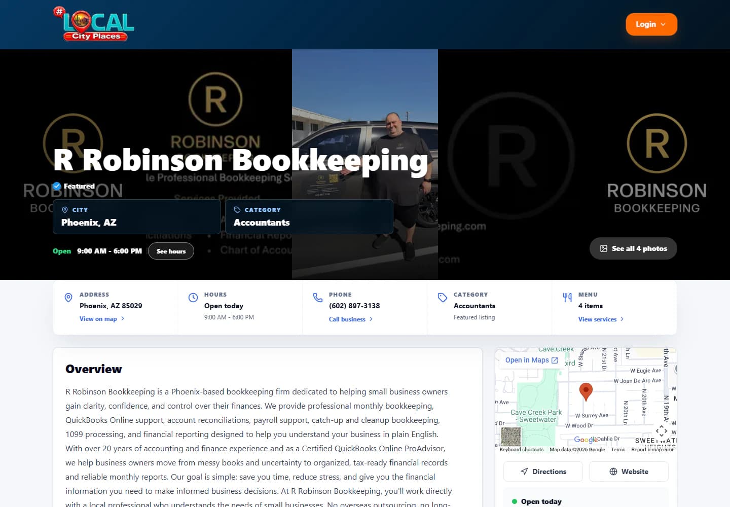Local City Places profile for R Robinson Bookkeeping with a photo gallery, Phoenix location, business details, hours, and overview