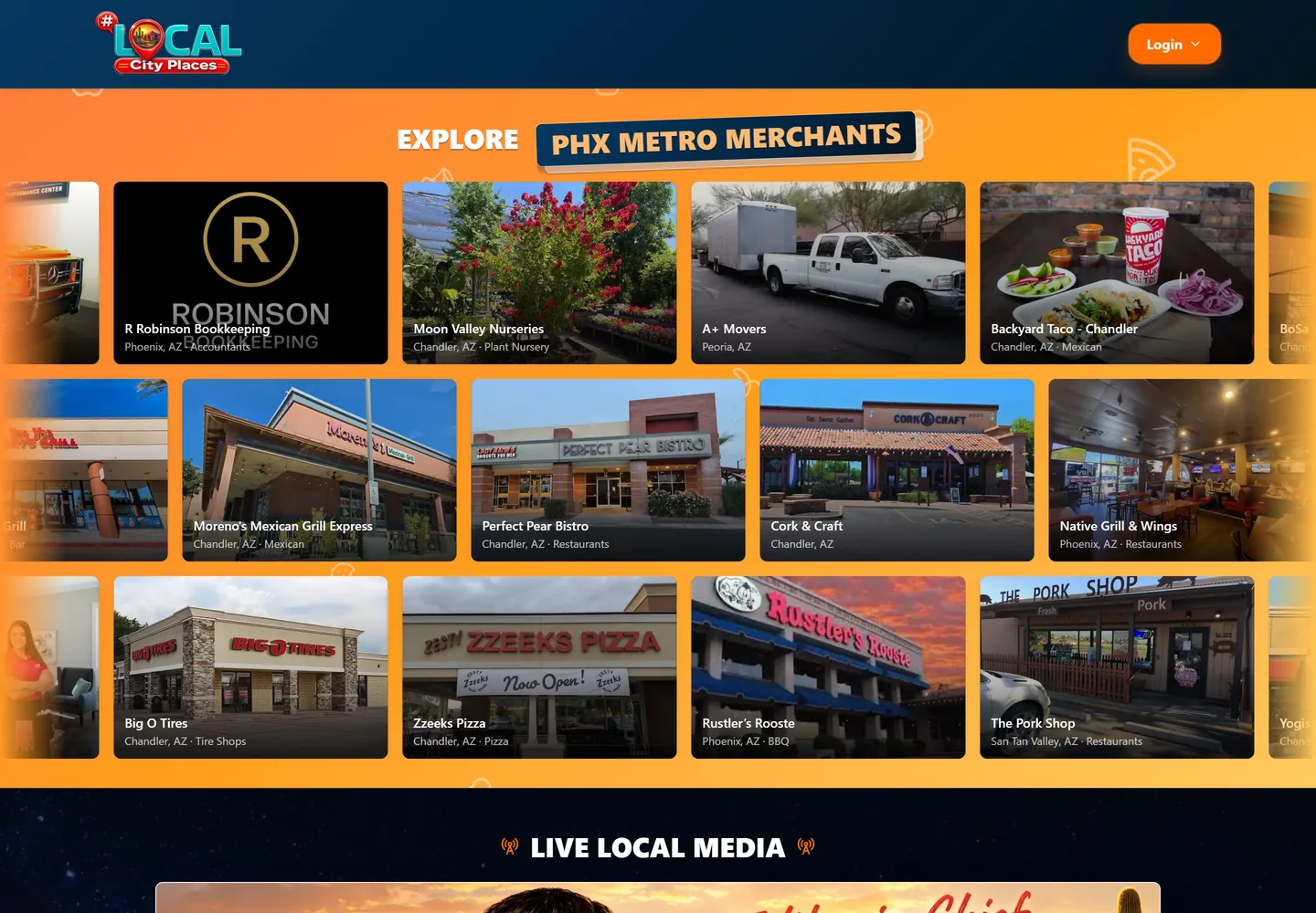Local City Places homepage showing a grid of Phoenix metro merchants with photos, cities, and categories