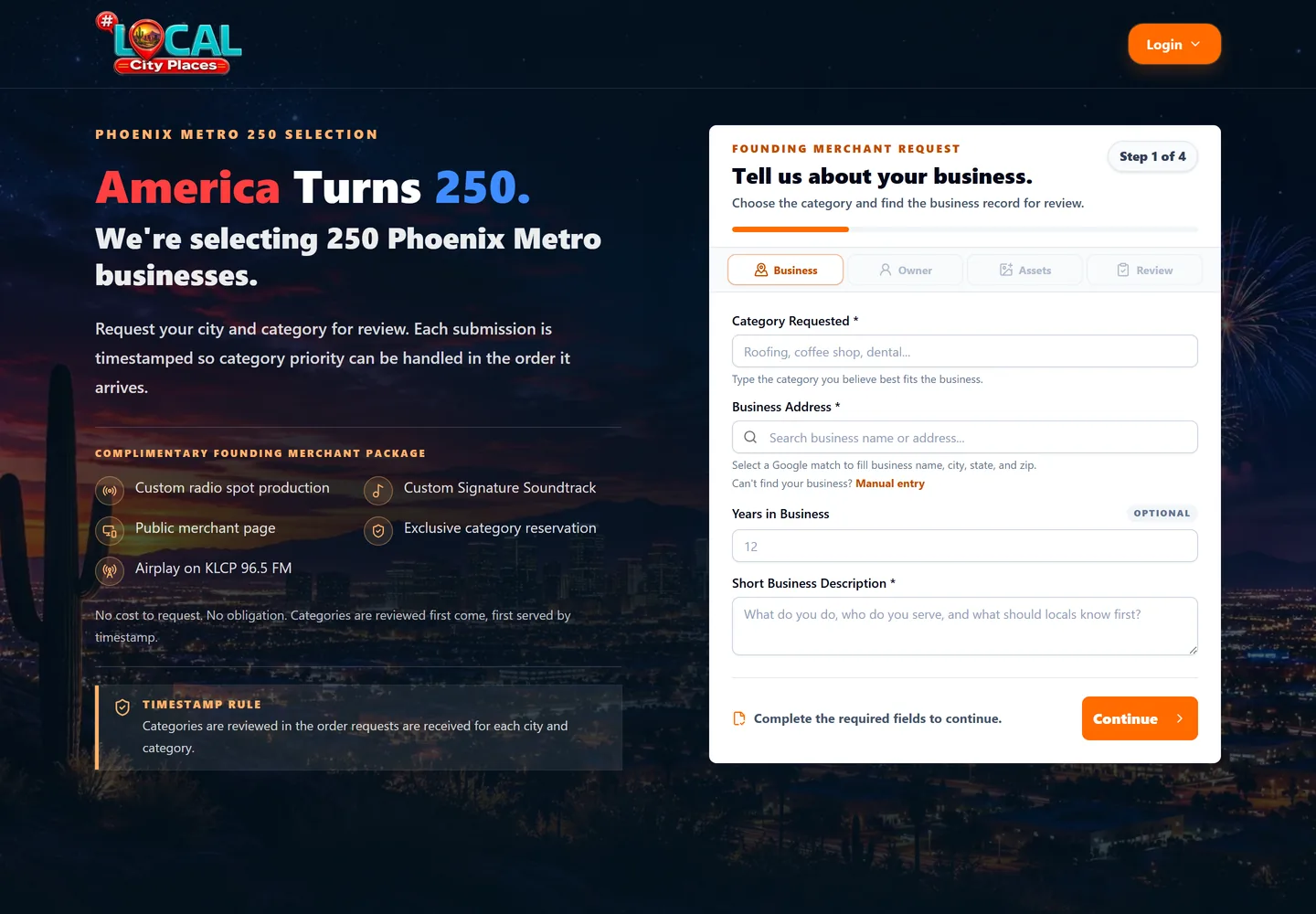 Local City Places founding merchant request form showing step one of four with category and business address fields