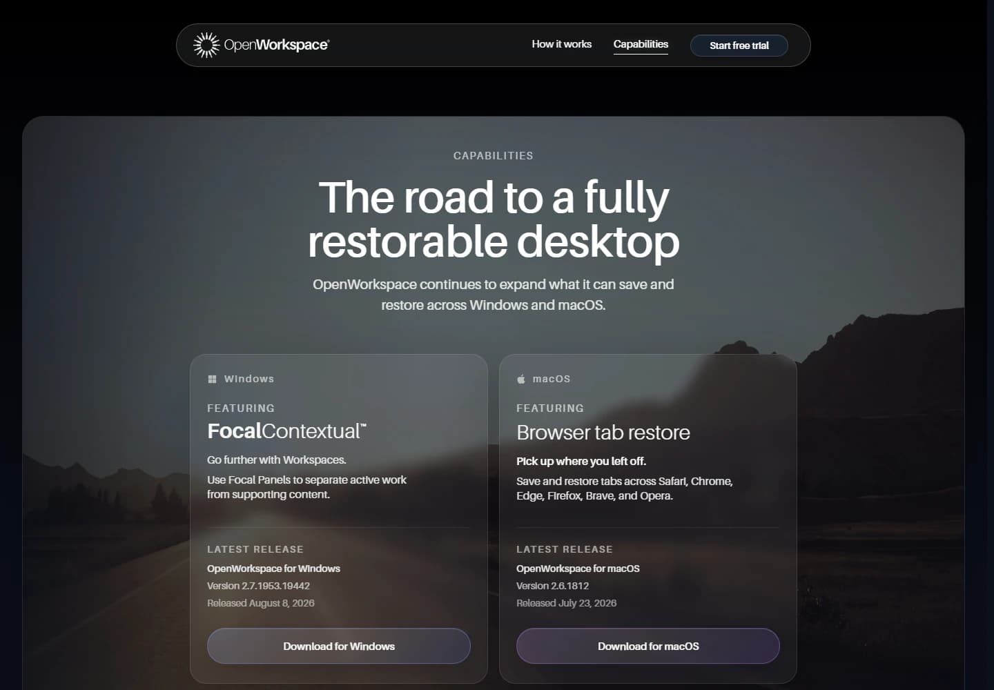 OpenWorkspace capabilities page headed The road to a fully restorable desktop with workspace and browser restoration panels