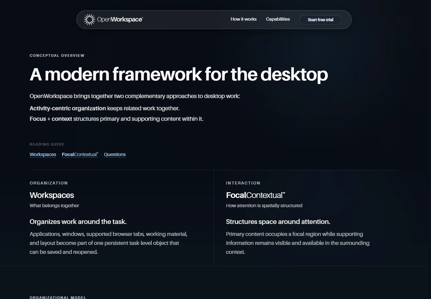 OpenWorkspace framework page headed A modern framework for the desktop with Workspaces and FocalContextual sections