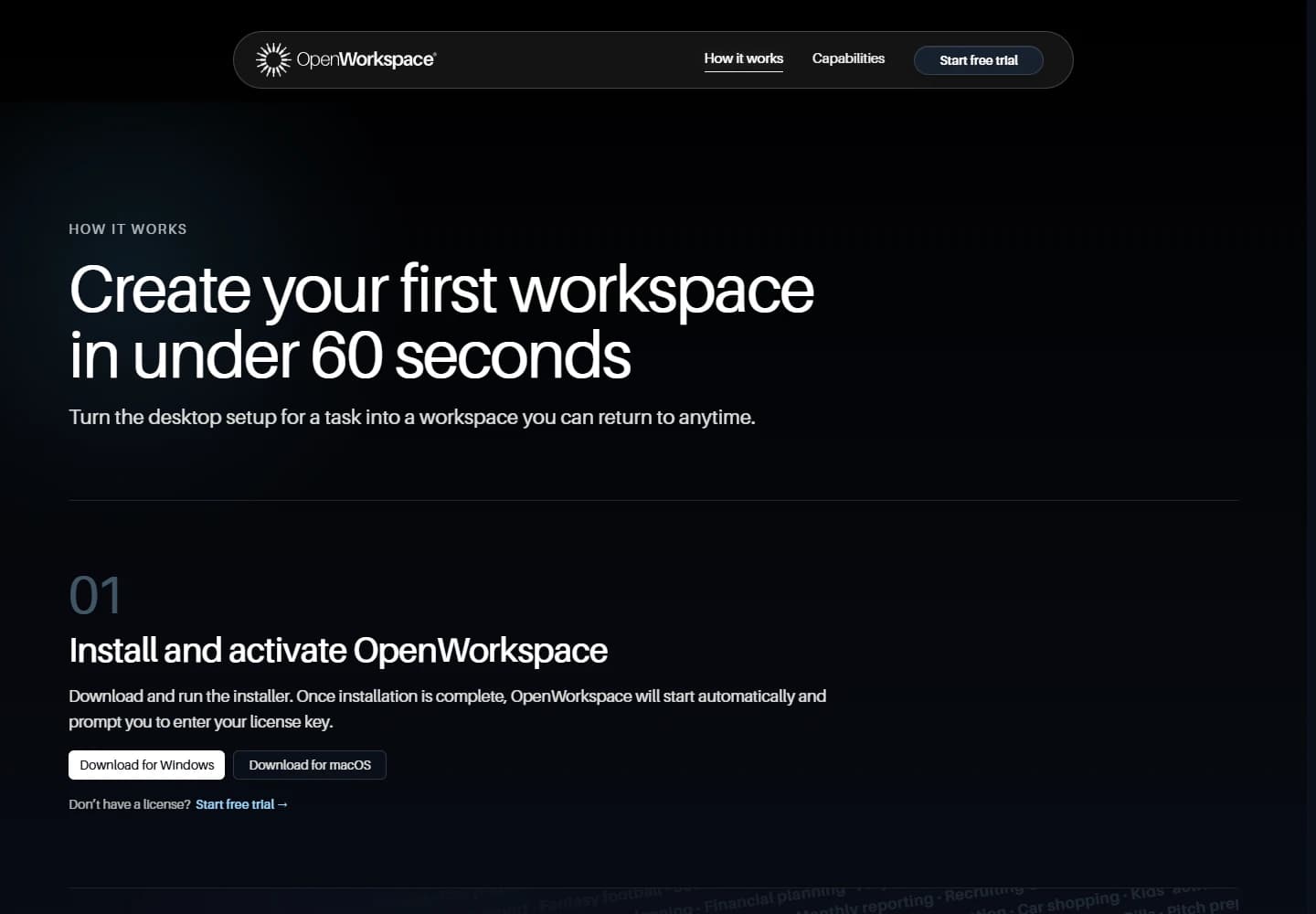 OpenWorkspace product sequence explaining how desktop workspaces are saved and reopened