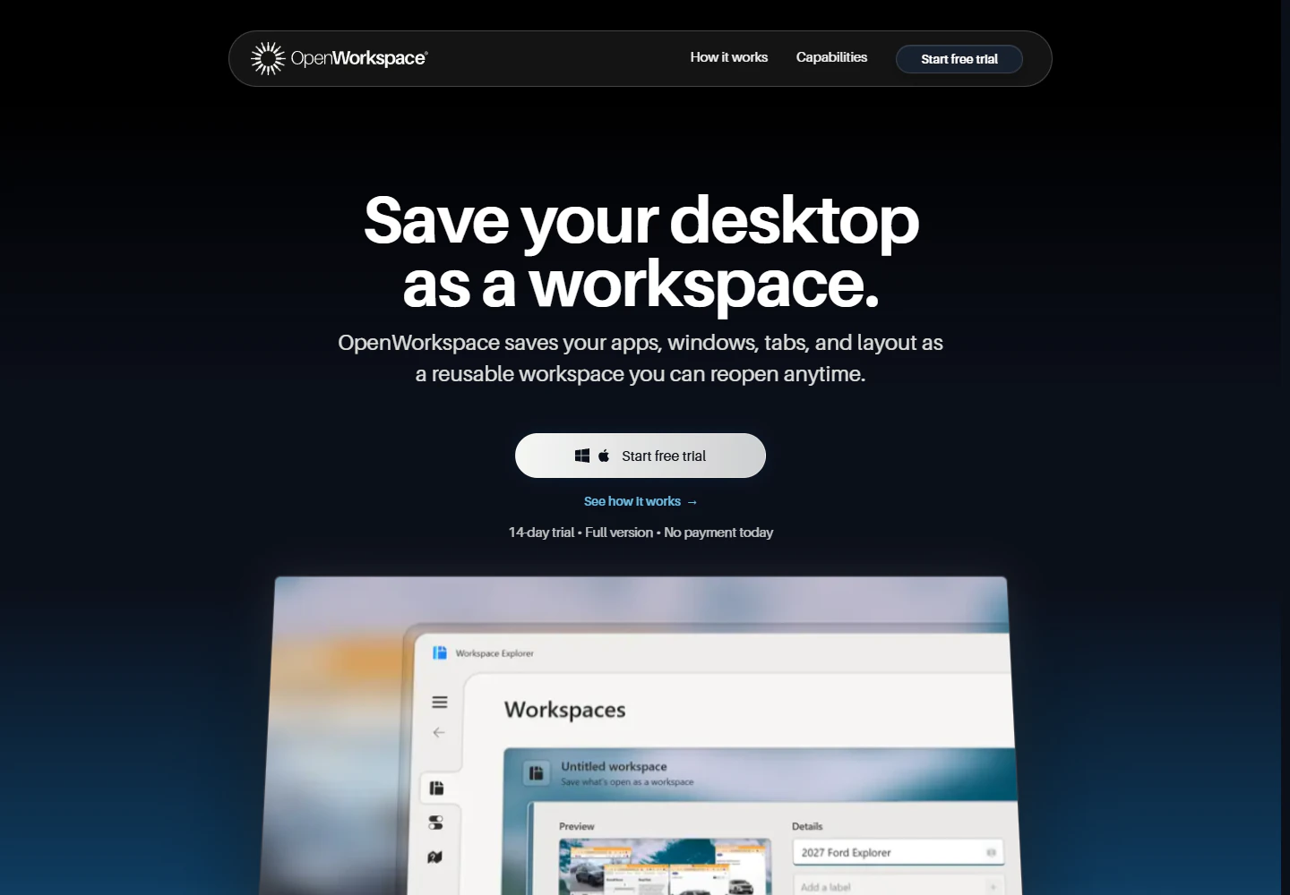 OpenWorkspace homepage explaining how to save apps, windows, tabs, and layouts