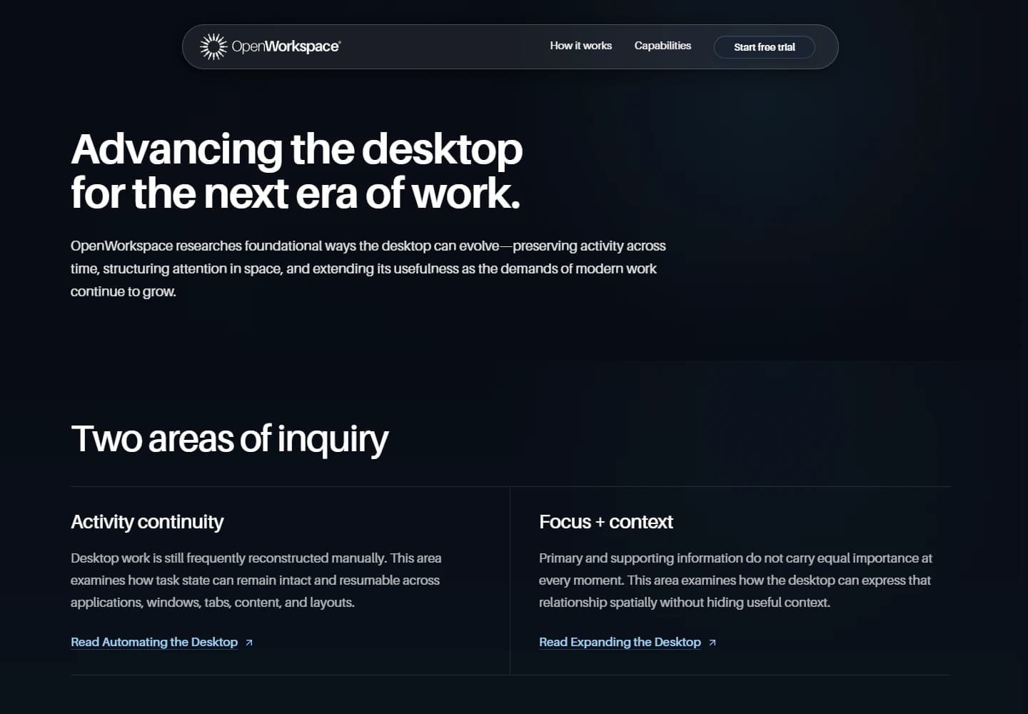 OpenWorkspace research page headed Advancing the desktop for the next era of work with two areas of inquiry