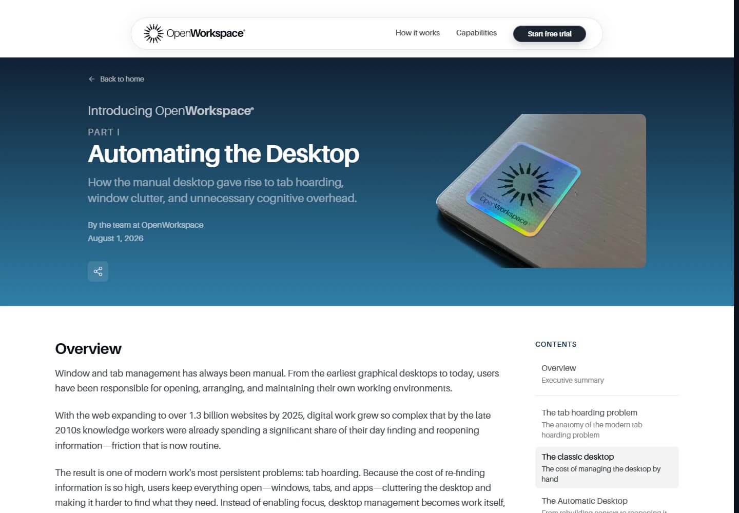 OpenWorkspace whitepaper titled Automating the Desktop with an overview and article navigation