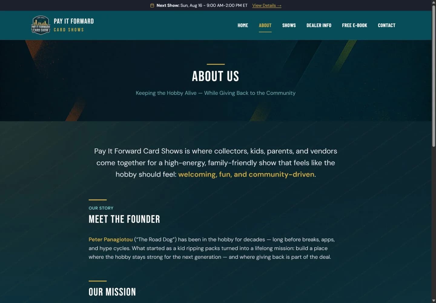 Pay It Forward Card Shows about page describing its community mission