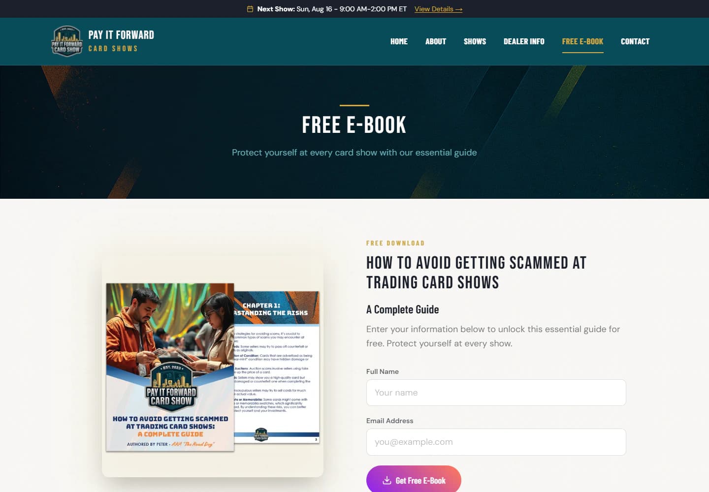 Pay It Forward Card Shows free ebook page with guide cover and signup form