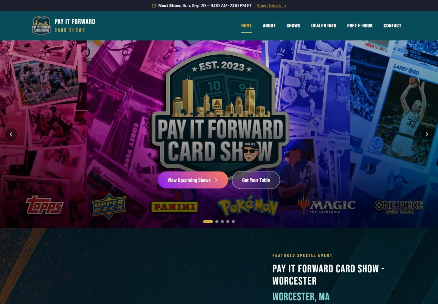 Pay It Forward Card Shows homepage featuring trading-card artwork and upcoming show links