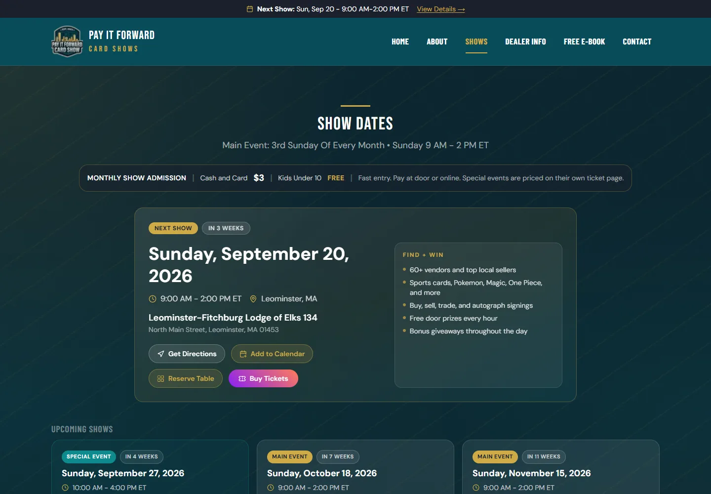 Pay It Forward Card Shows upcoming shows page
