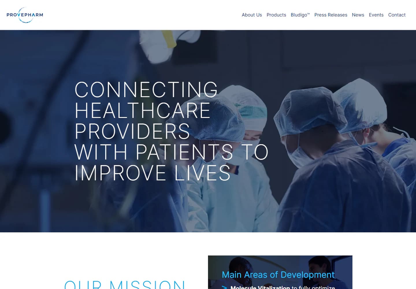 Archived Provepharm About page with surgical imagery and the message Connecting healthcare providers with patients to improve lives