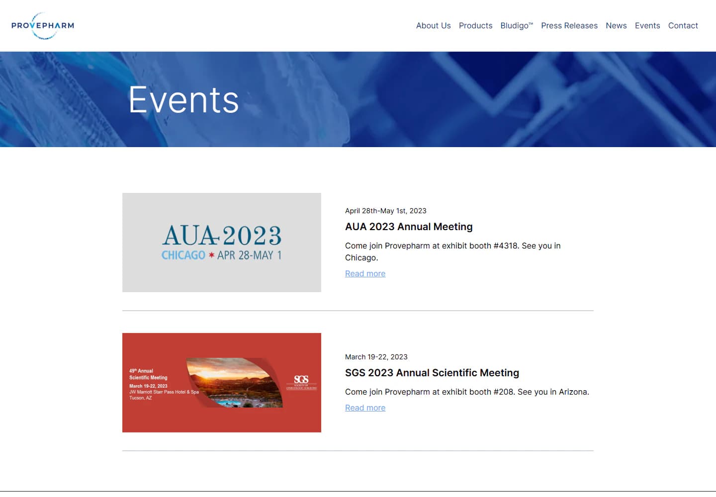 Archived Provepharm Events page listing healthcare conferences and annual meetings