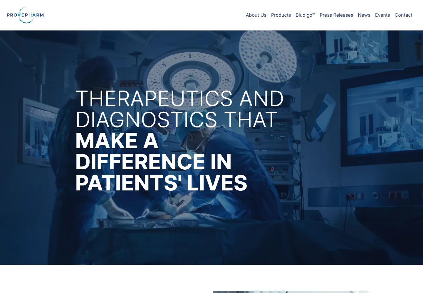 Provepharm microsite homepage with a surgical scene and pharmaceutical company message