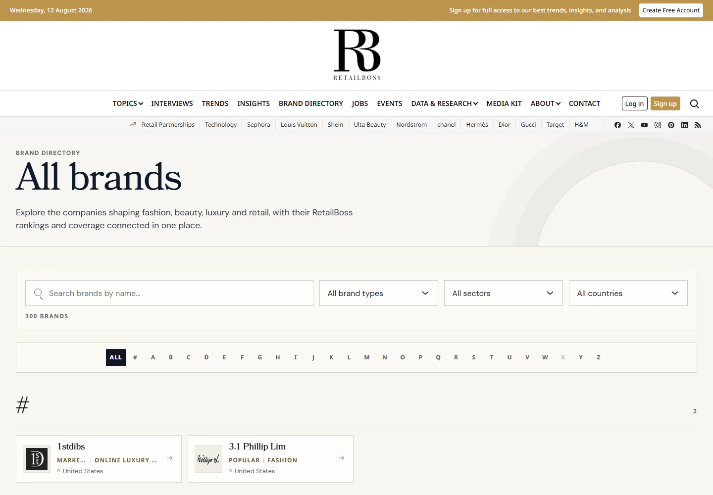 RetailBoss All brands directory with search, type and access filters, alphabet navigation, and brand entries