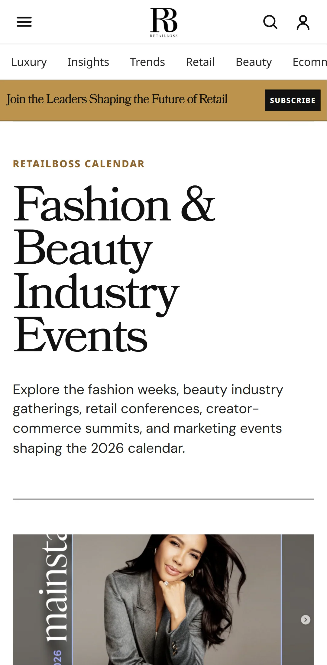 RetailBoss mobile events page with navigation, calendar heading, description, and event imagery