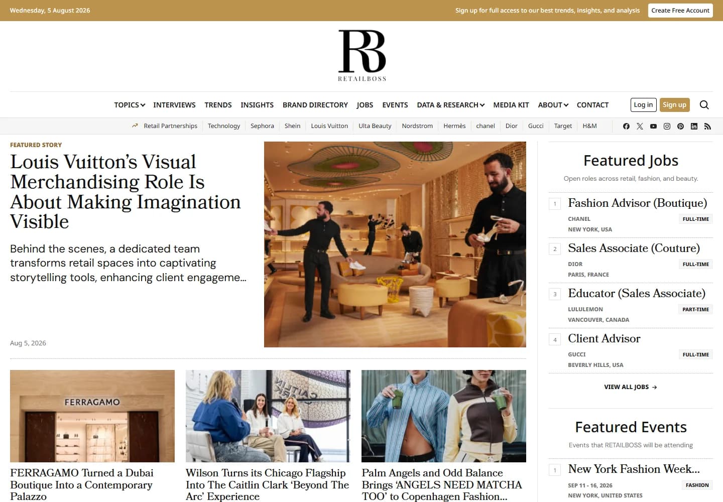 RetailBoss homepage showing featured retail stories, jobs, events, and brand coverage