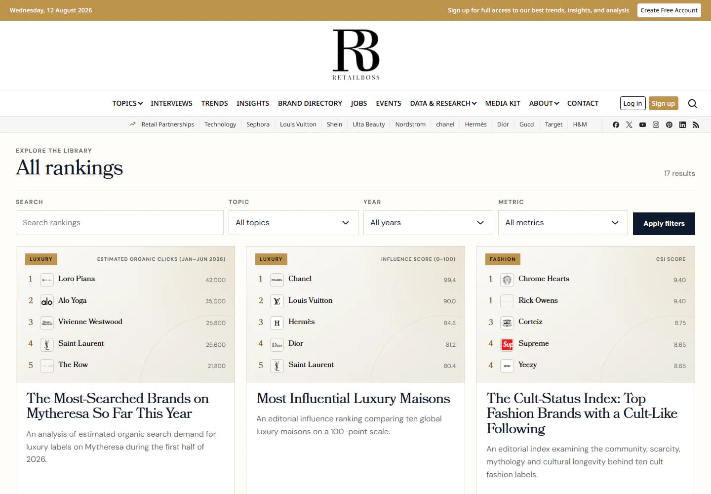 RetailBoss All rankings page with category and access filters above retail ranking cards