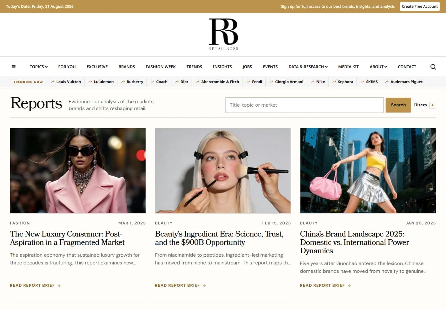 RetailBoss Reports page with search and filters above three illustrated market-intelligence reports