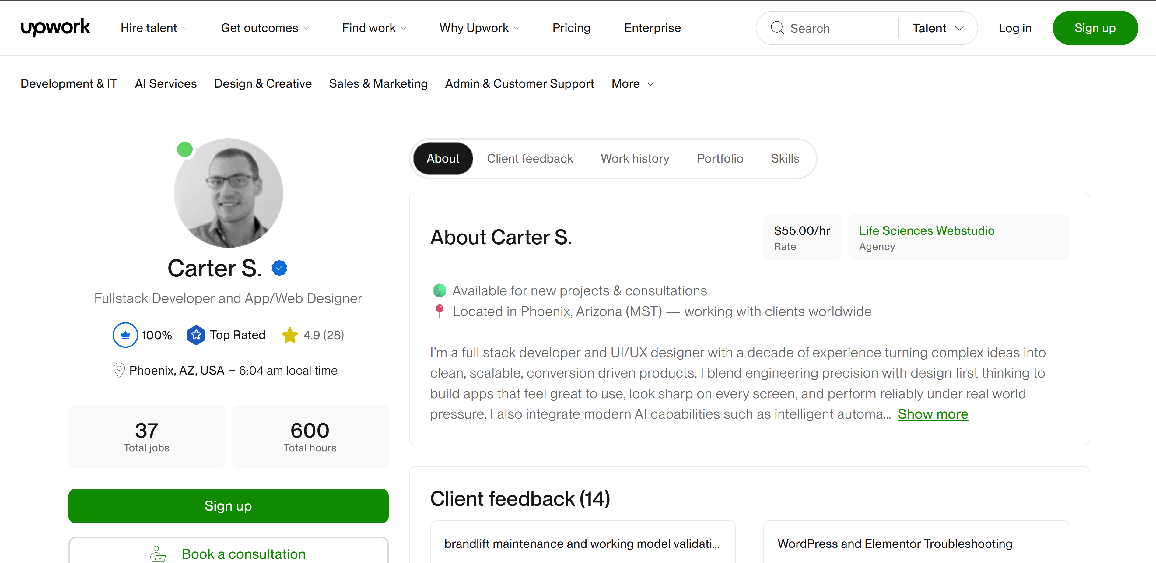 Carter S.'s public Upwork profile showing his verified badge, 100% job success, Top Rated status, 4.9 rating, 37 jobs, and 600 hours.