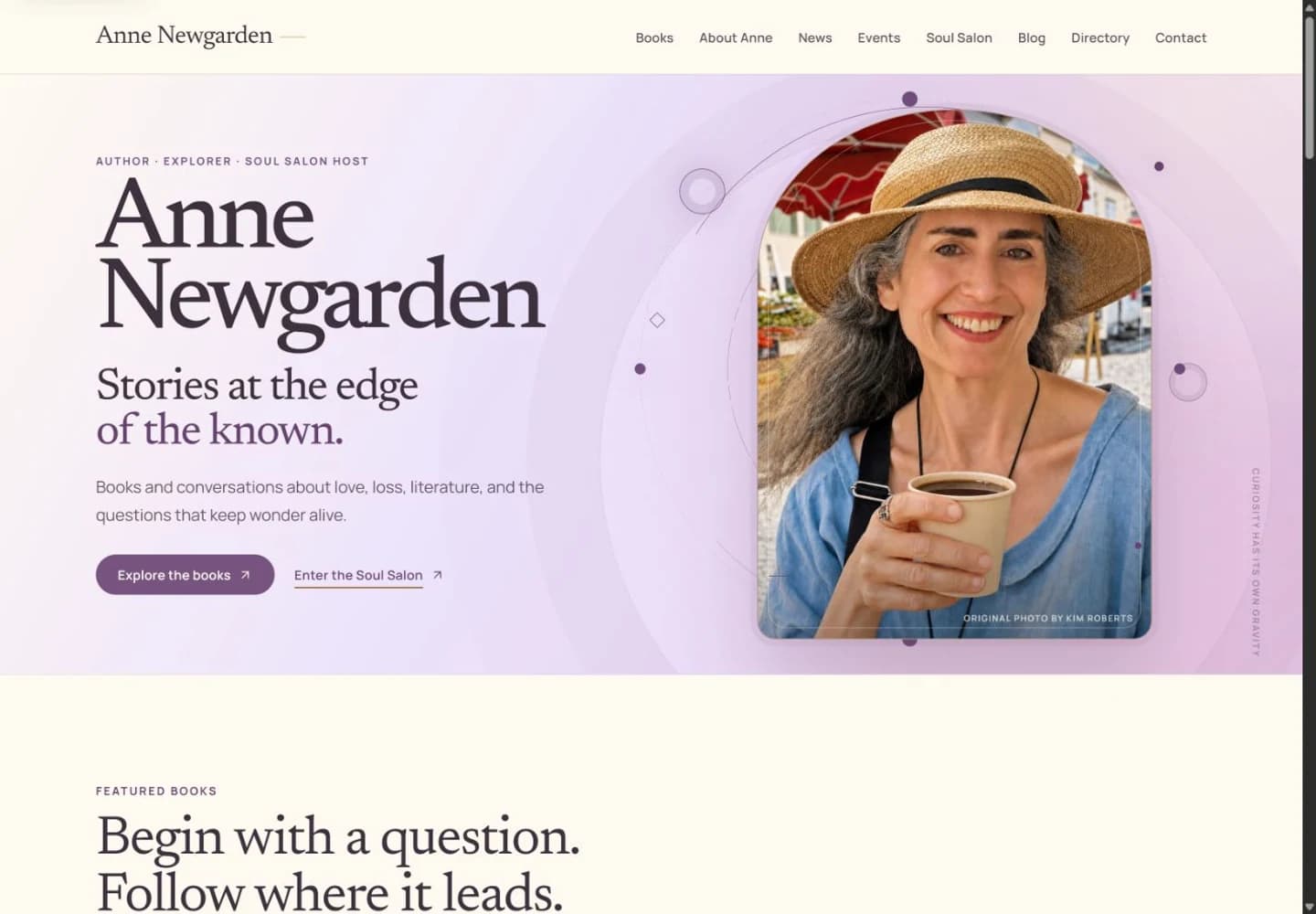 Rebuilt Anne Newgarden homepage with an editorial lavender hero, large author name, portrait, book and Soul Salon actions, and simplified navigation