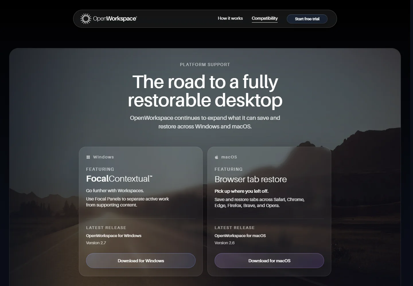 OpenWorkspace compatibility section with supported platforms and applications