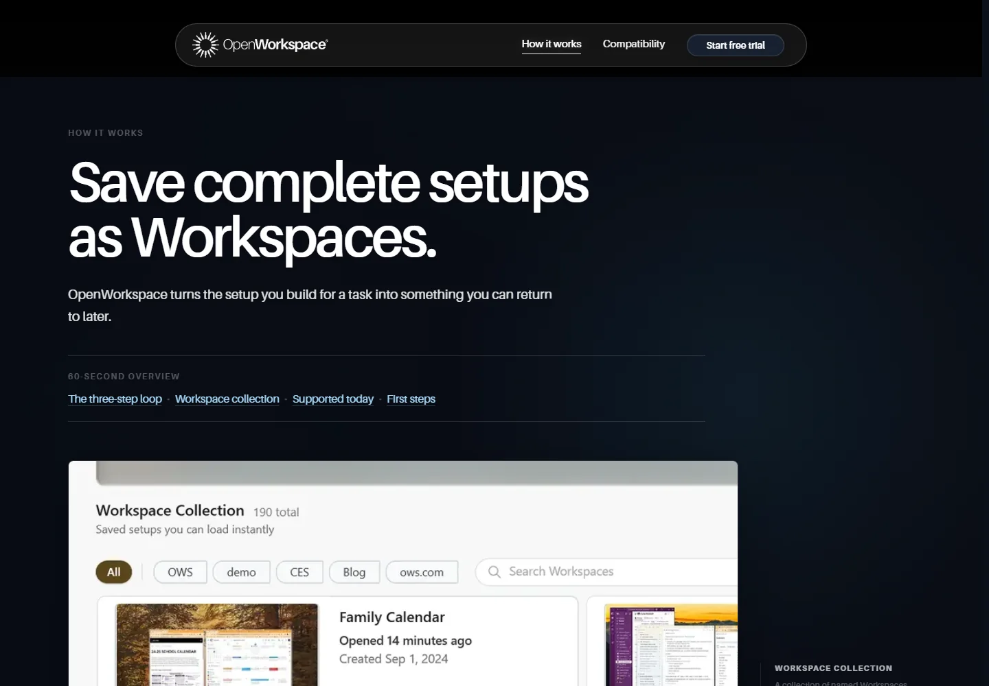 OpenWorkspace how-it-works section explaining the workspace workflow