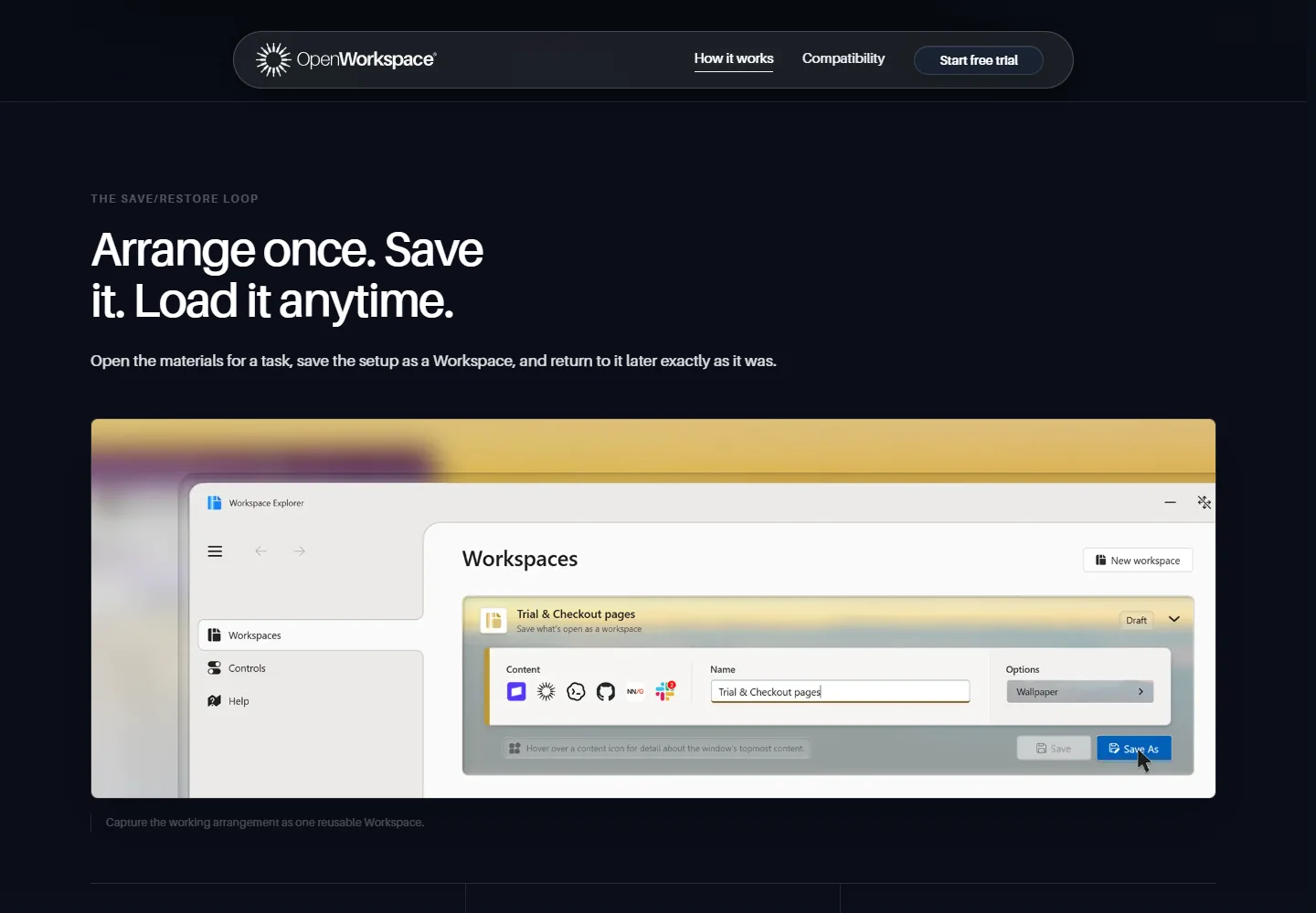 OpenWorkspace product interface showing a saved workspace configuration