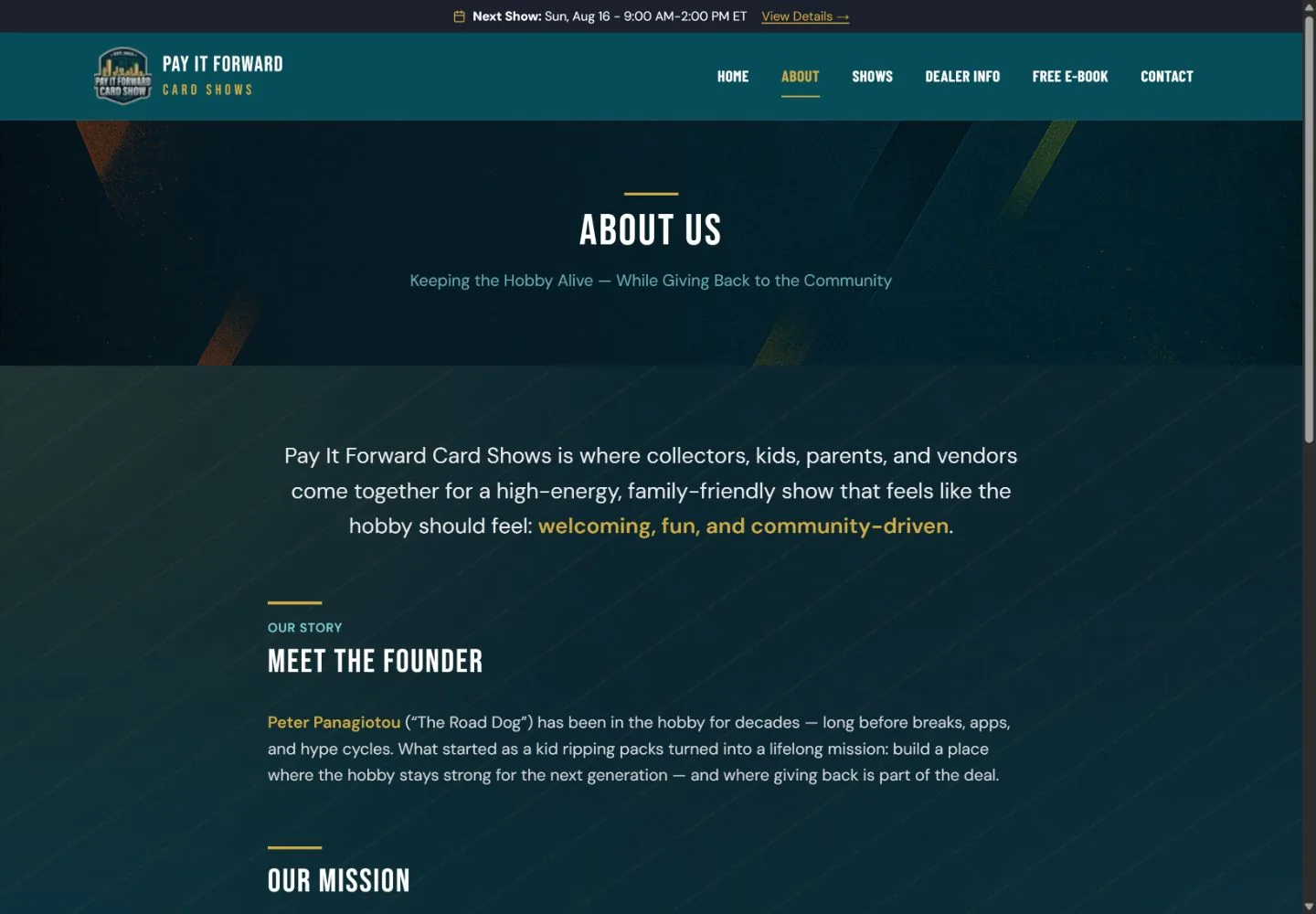 Pay It Forward Card Shows about page describing its community mission