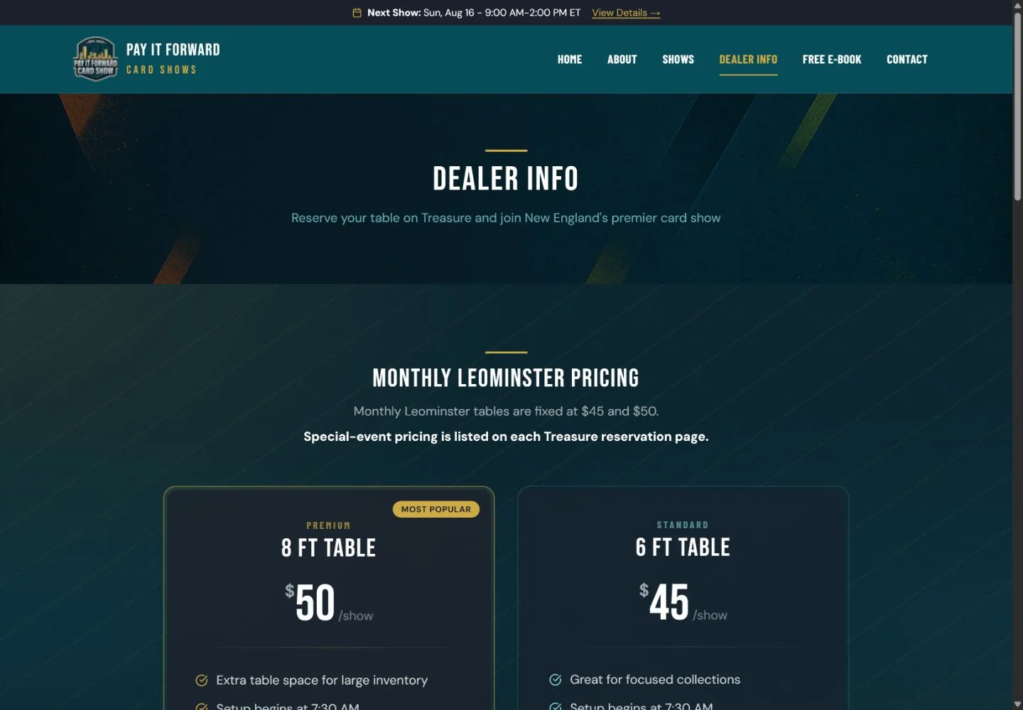 Pay It Forward Card Shows dealer information and table reservation page