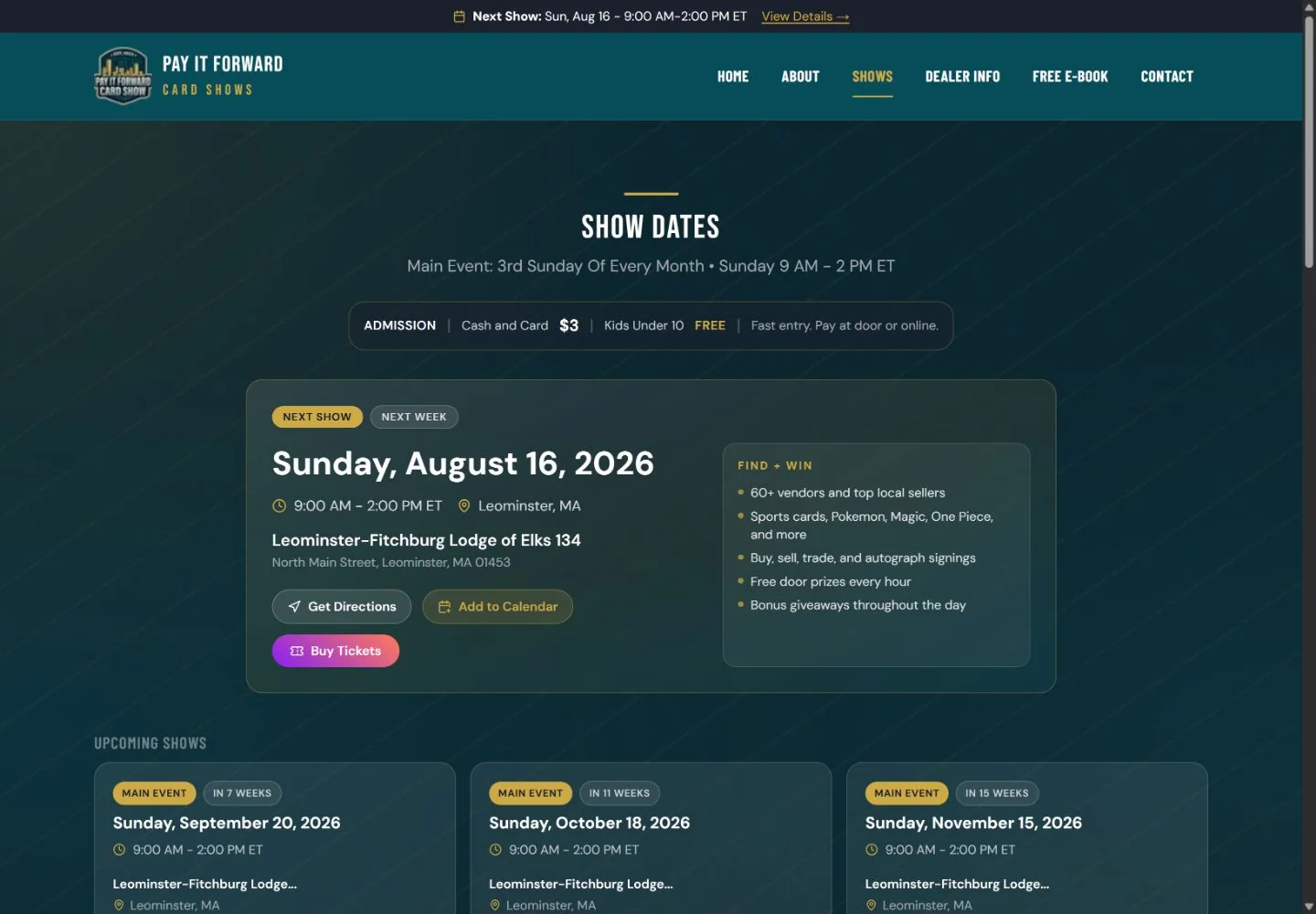 Pay It Forward Card Shows upcoming shows page