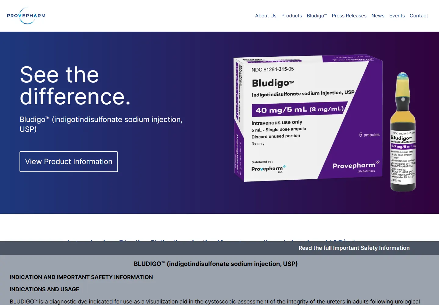 Provepharm Bludigo product page with packaging, ampule, and safety information