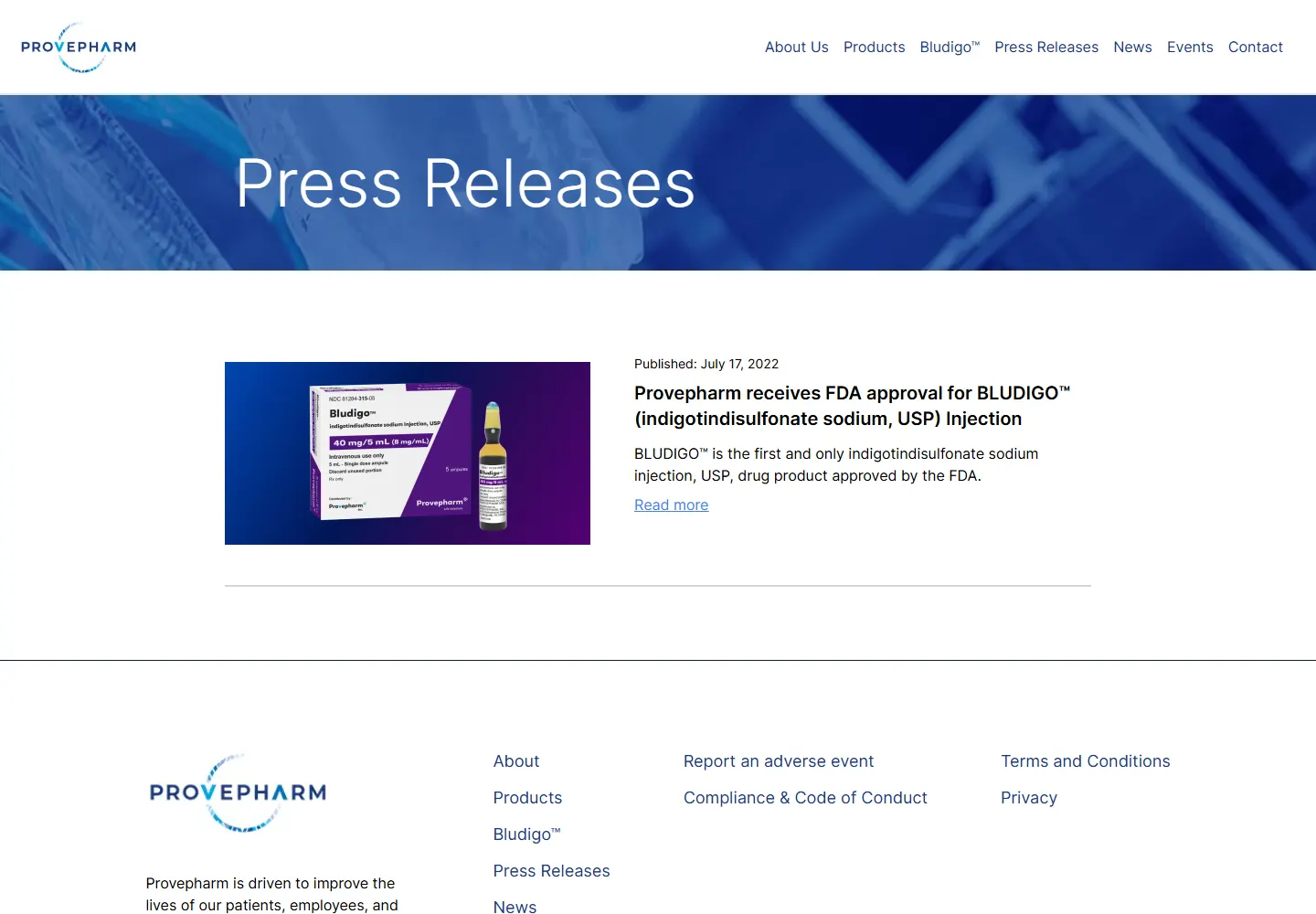 Provepharm press releases archive with a Bludigo FDA approval announcement