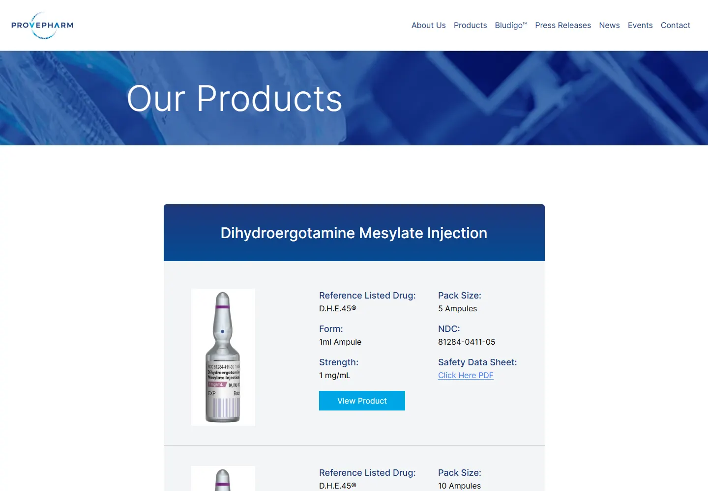 Provepharm product catalog listing injectable pharmaceutical products