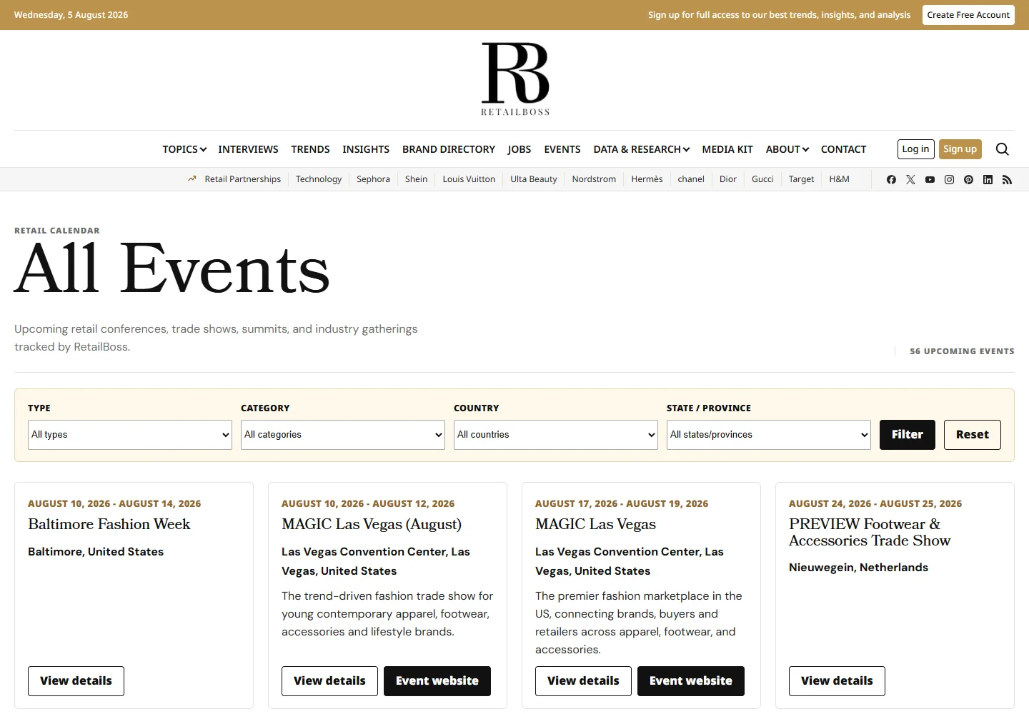 RetailBoss events directory showing upcoming retail conferences and trade shows