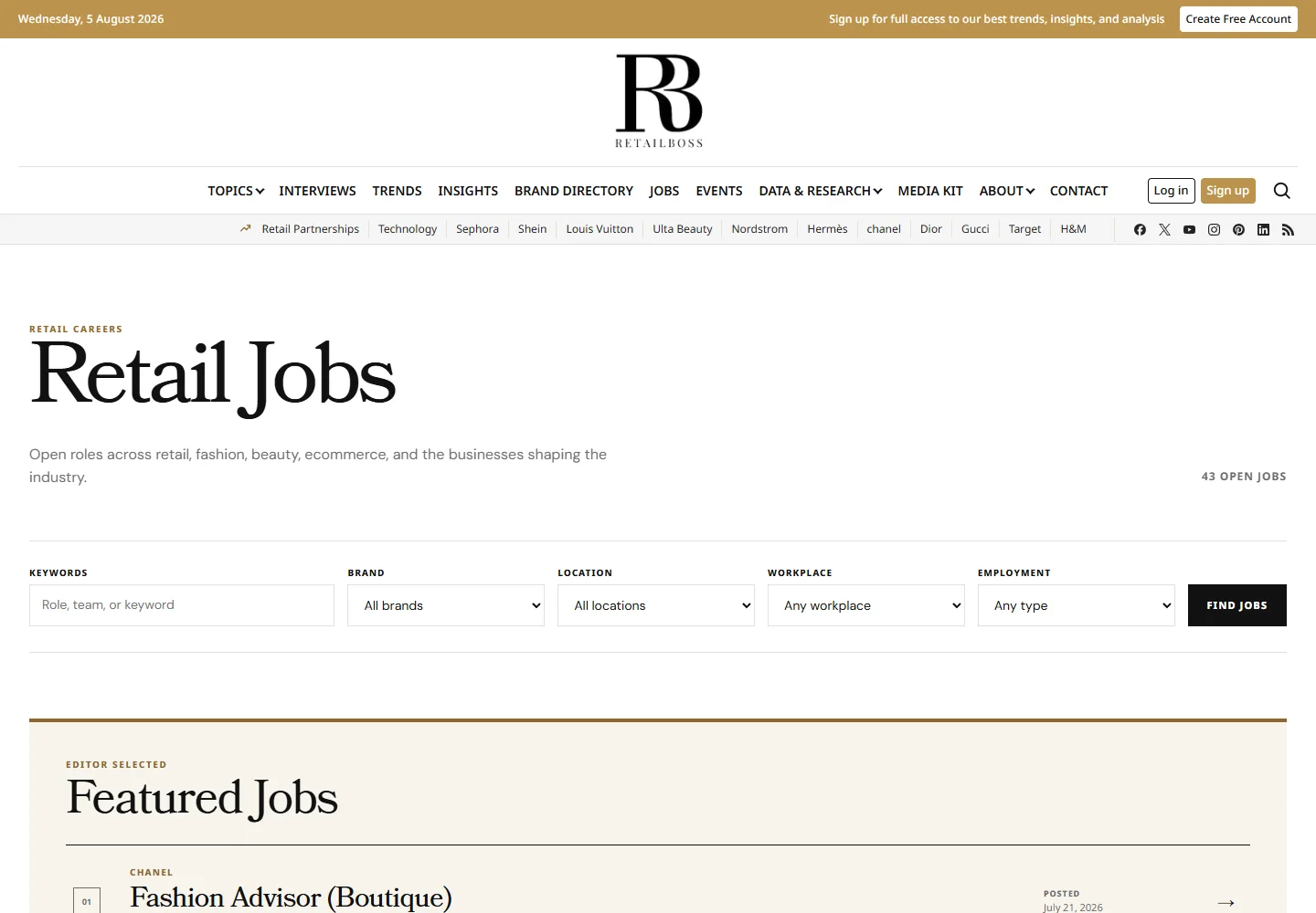 RetailBoss jobs page showing current roles and job filters